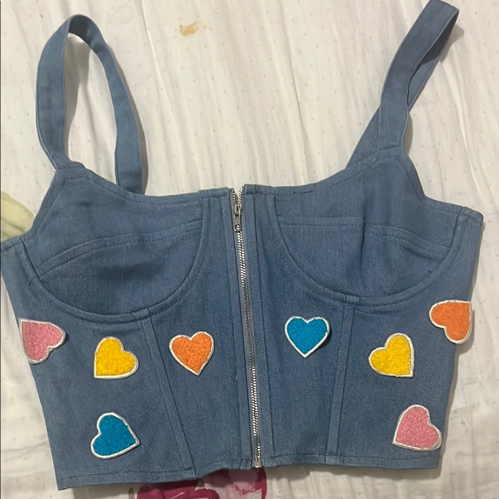 Forever 21 Blue Denim Crop Top with Colorful Hearts